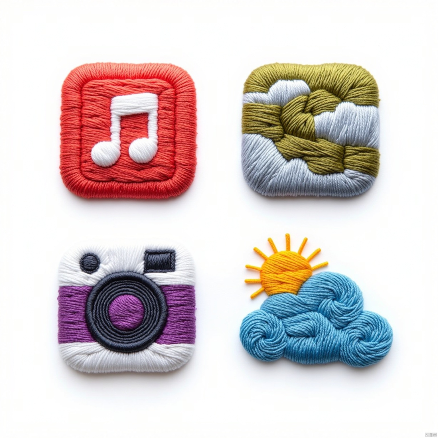 Embroidery, solo, app music icon, app camera icon, app weather icon, app design icon, four icons arranged vertically, horizontally, using embroidery style materials