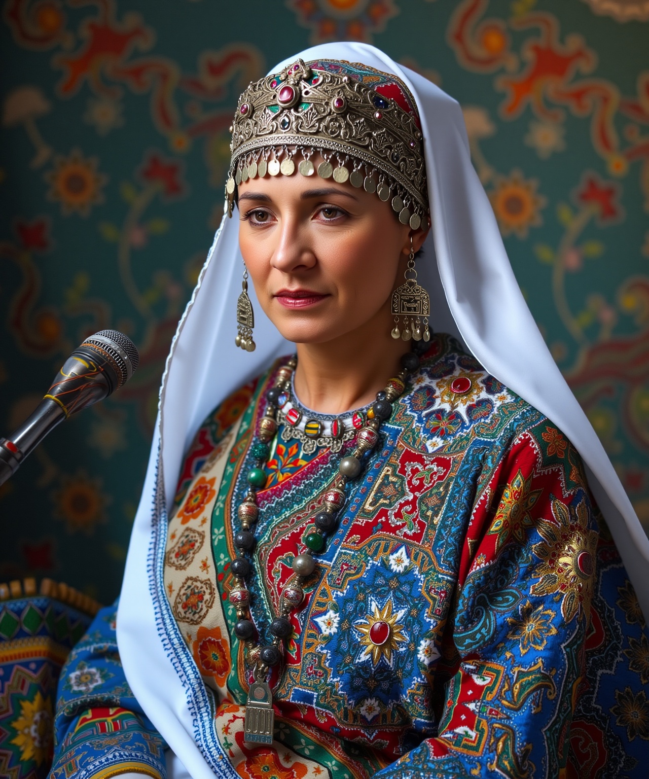 A portrait of (Marie Curie) wearing a traditional Moroccan outfit,  moroccan style background on Tensor.Art