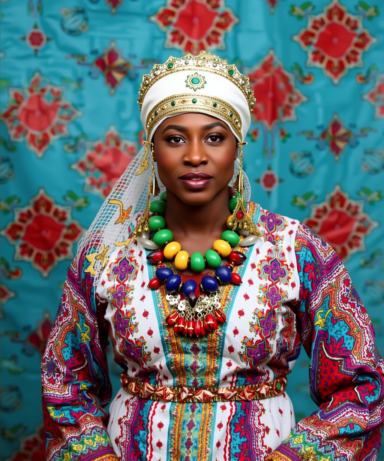 A portrait of (Serena Williams) wearing a traditional Moroccan outfit,  moroccan style background on Tensor.Art
