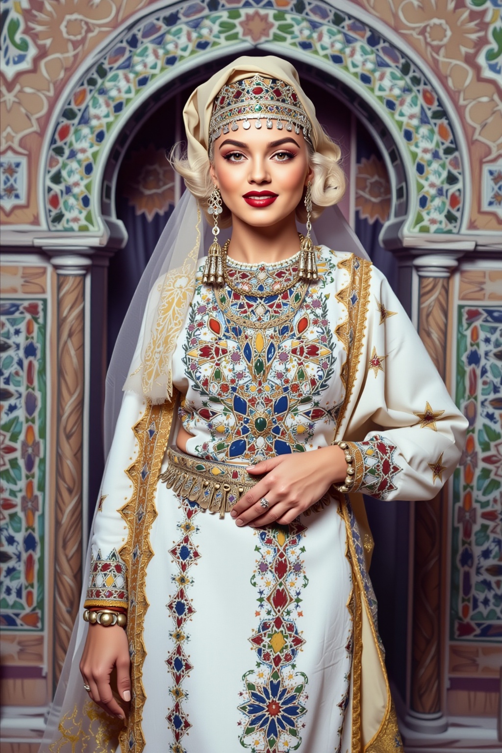 A portrait of (Marilyn Monroe) wearing a traditional Moroccan outfit,  moroccan style background on Tensor.Art