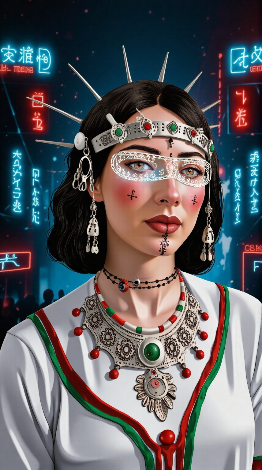 A stunning digital painting of a woman with pale skin and dark wavy hair wearing a futuristic glowing headset. She has an...