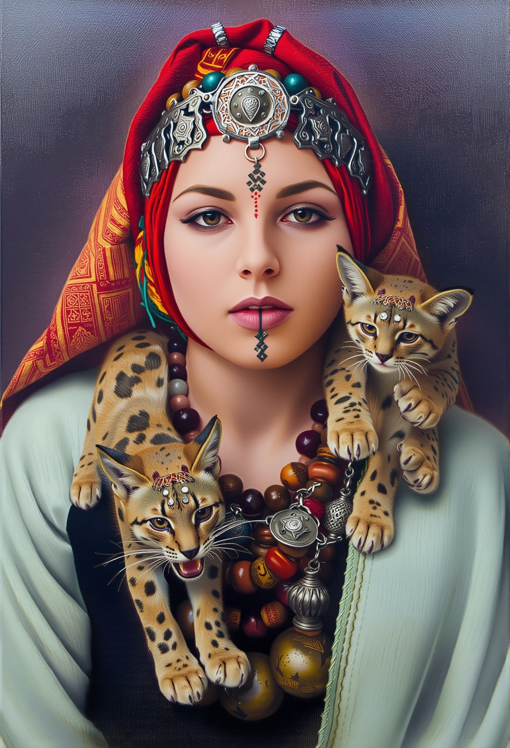 A highly detailed digital painting of a young woman with a pale complexion and a stern expression. She is wearing a richly...