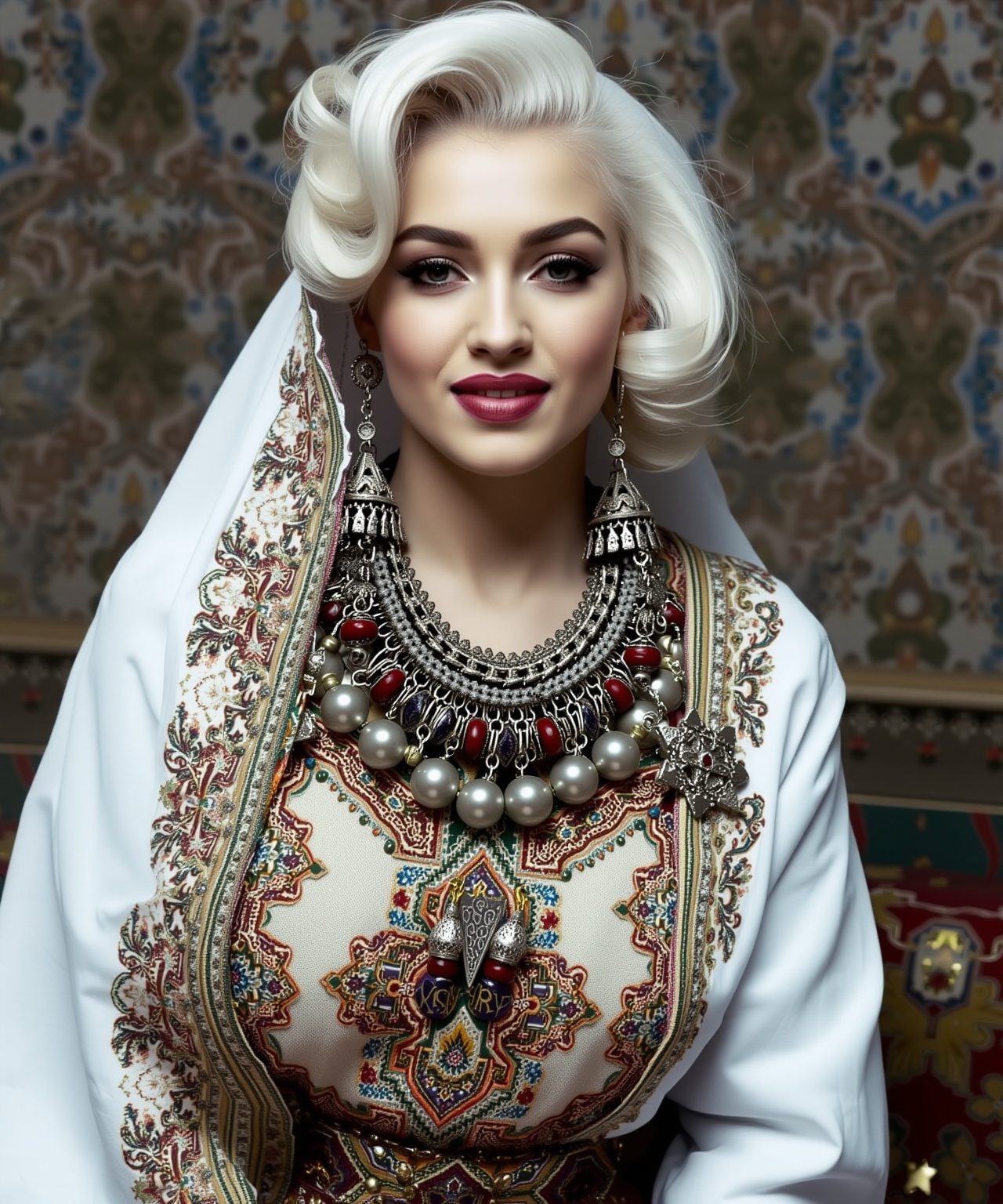 A portrait of (Marilyn Monroe) wearing a traditional Moroccan outfit,  moroccan style background on Tensor.Art