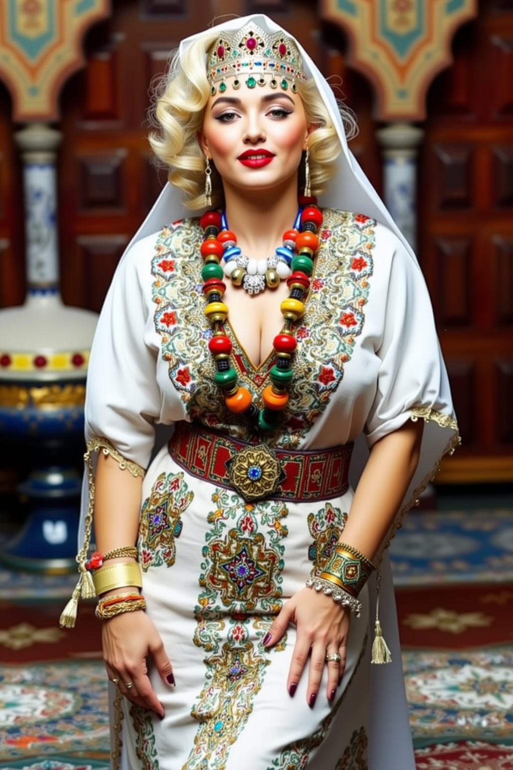 A portrait of (Marilyn Monroe) wearing a traditional Moroccan outfit,  moroccan style background on Tensor.Art