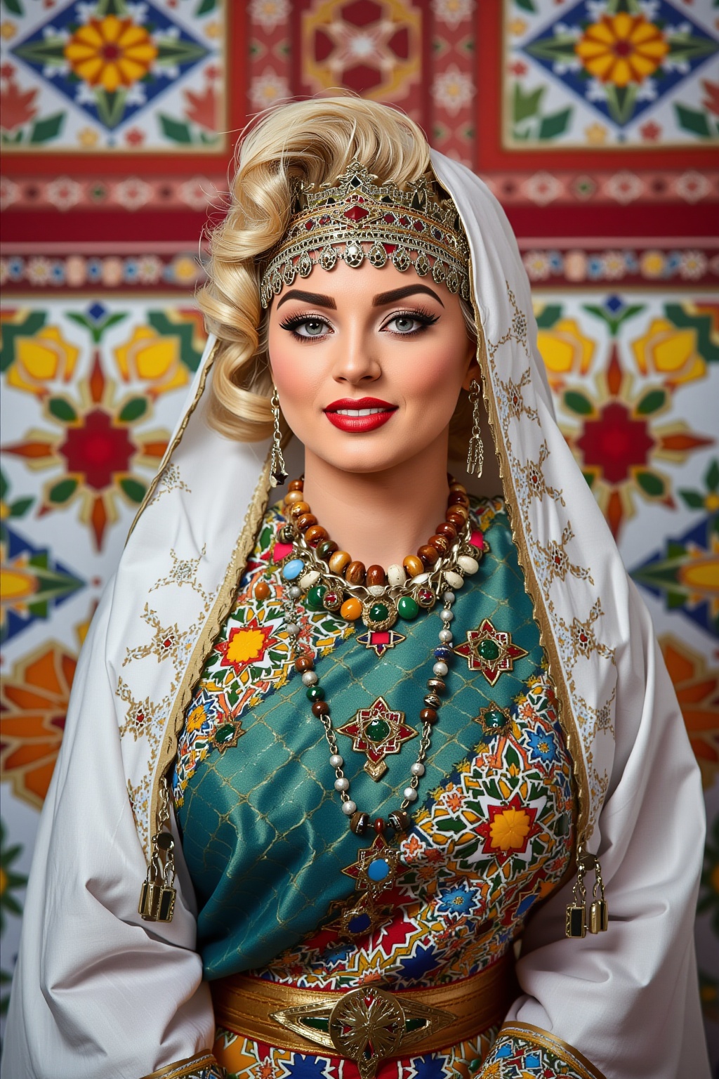 A portrait of (Marilyn Monroe) wearing a traditional Moroccan outfit,  moroccan style background on Tensor.Art