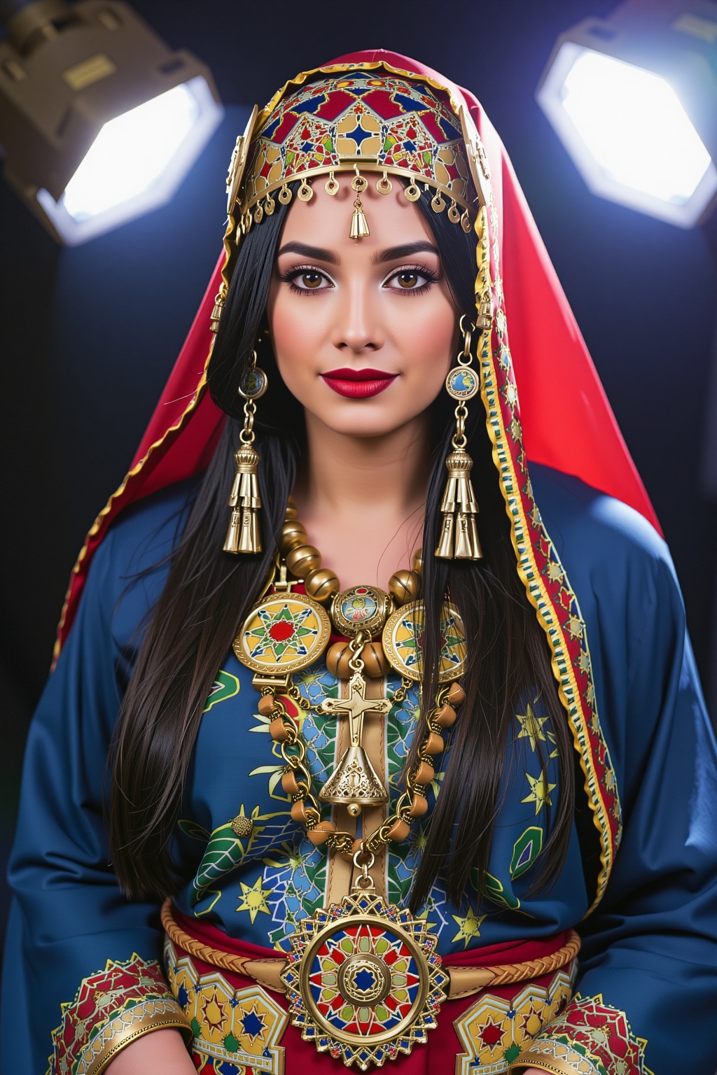 A young woman of European descent,  with a fair complexion and delicate features,  is adorned in a traditional garment on...