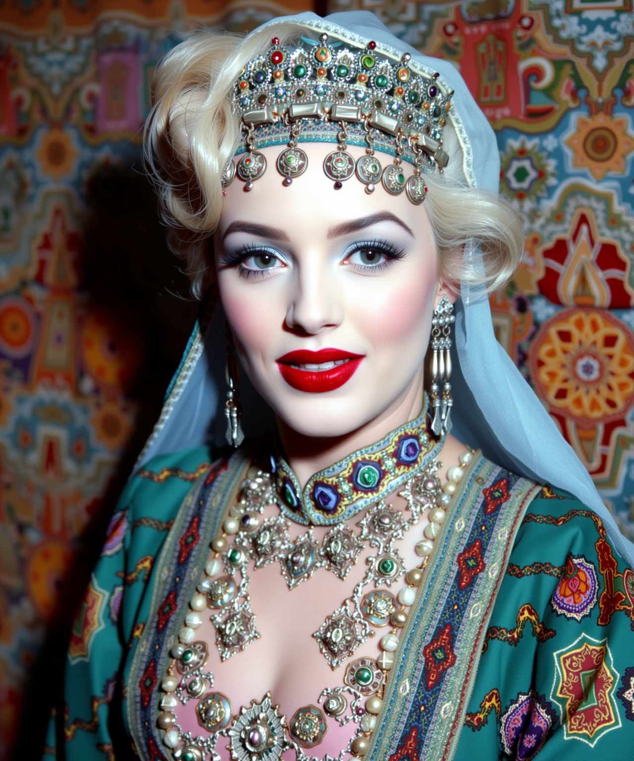 A portrait of (Marilyn Monroe) wearing a traditional Moroccan outfit,  moroccan style background on Tensor.Art