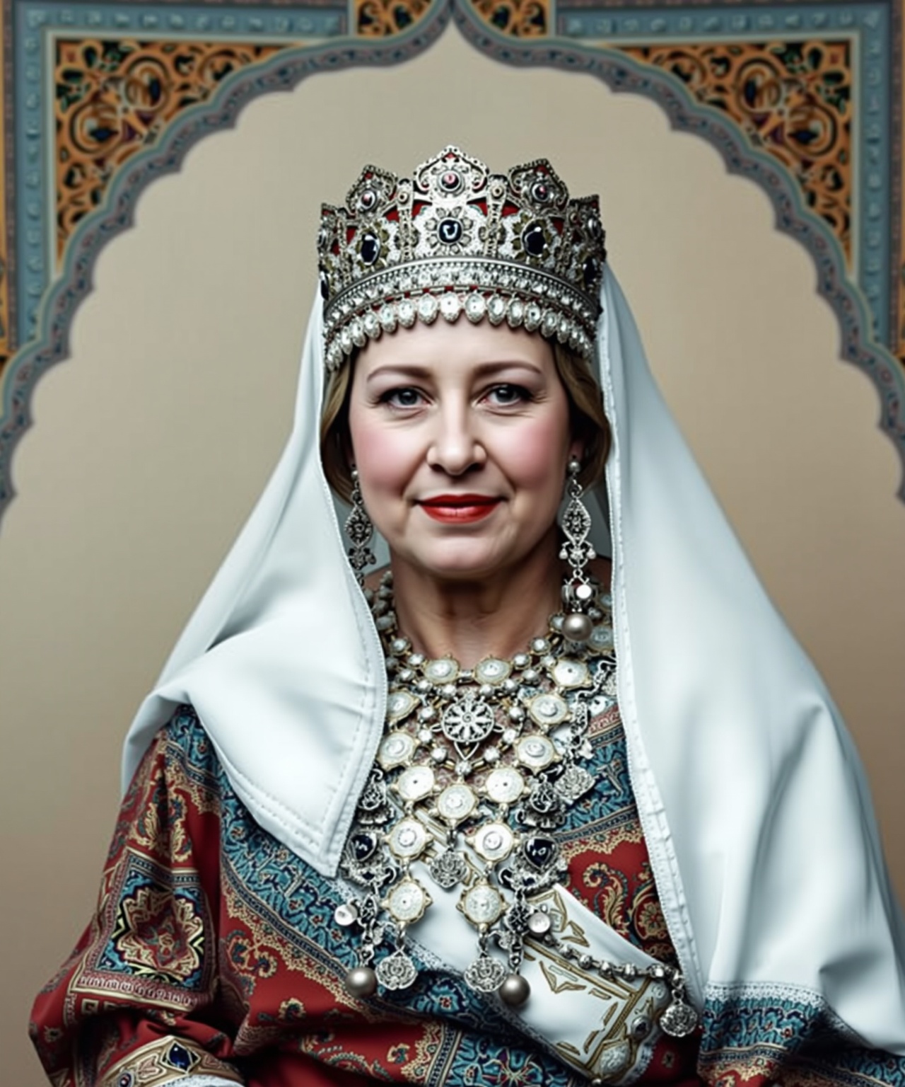 A portrait of (Queen Elizabeth II) wearing a traditional Moroccan outfit,  moroccan style background on Tensor.Art