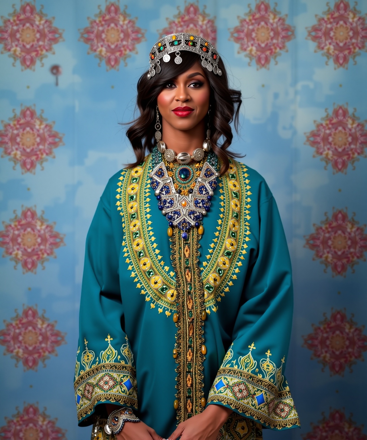 A portrait of (Michelle Obama) wearing a traditional Moroccan outfit,  moroccan style background on Tensor.Art