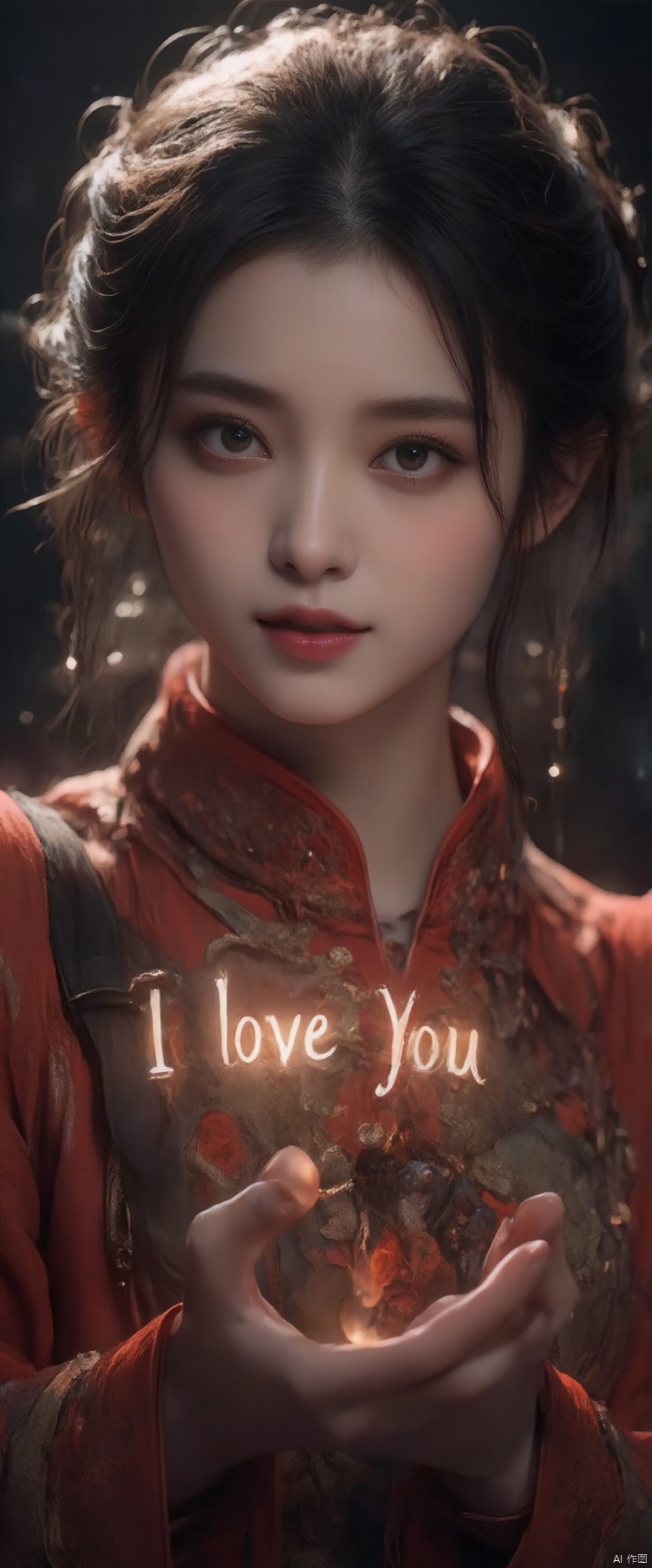 A beautiful Chinese girl with a shy smile, realistic, text appearing out of thin air in her hand saying "I LOVE YOU", glowing letters,, super realistic, 8k ultra-detailed image Unreal Engine, shallow depth of field, vignette,