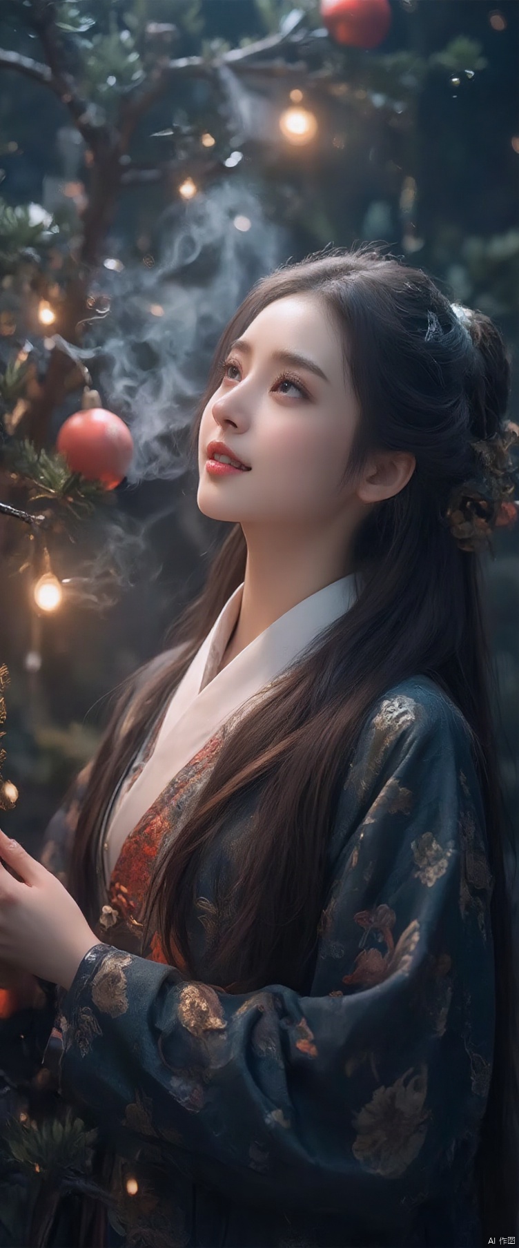 A stunning Hanfu-clad beauty gazes upwards with a serene smile, her delicate features illuminated by the soft glow of twinkling Christmas lights. The festive atmosphere is palpable as smoke drifts lazily from the tree, adding to the mystical ambiance. Her profile is framed perfectly against the vibrant colors of the decorations, creating a captivating poster-style image that exudes elegance and wonder.