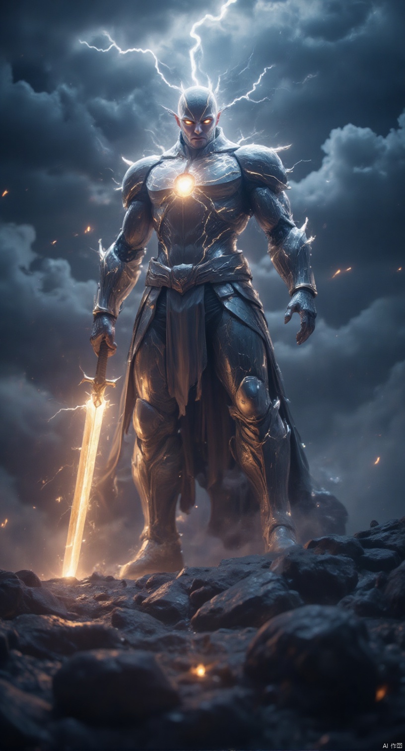 A sweeping shot from below, emphasizing the colossal scale of the electric giant as it rises like a titan above the turbulent landscape. The camera captures its fierce gaze, blazing with power as it readies its thunderous sword, surrounded by an aura of crackling energy that illuminates the darkening sky. The dynamic pose is set against a dramatic backdrop of swirling storm clouds, punctuated by flashes of lightning that seem to synchronize with the giant's thunderous roar, casting a fiery glow across the tempestuous horizon.