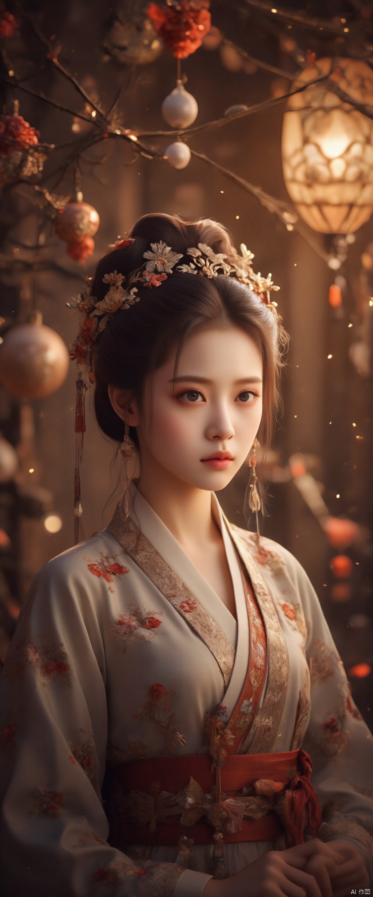Christmas decoration, Hanfu beautiful woman, very beautiful, atmosphere, film film