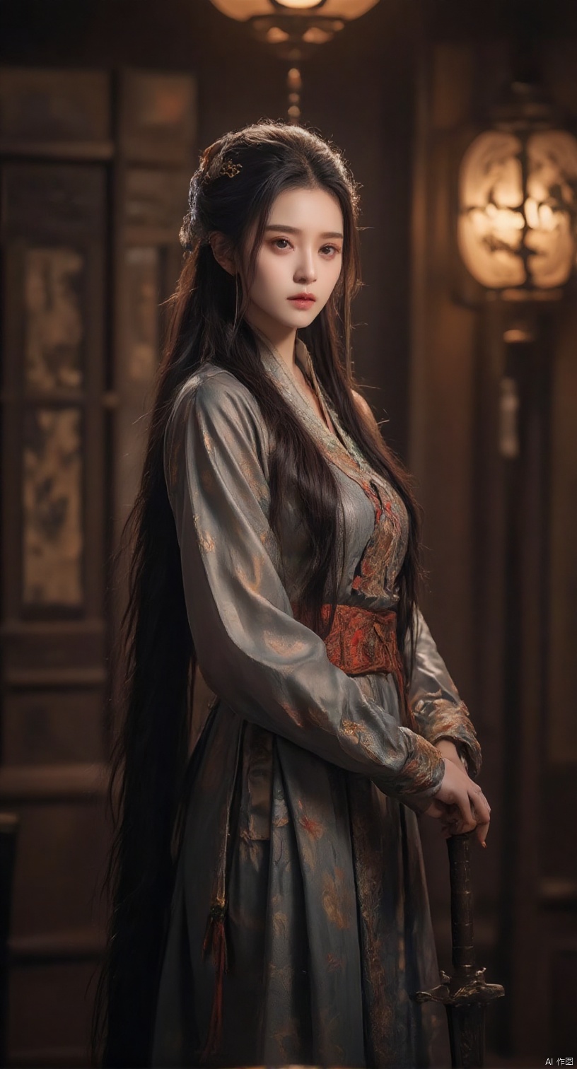 A Chinese noblewoman dressed in traditional hanfu attire, posing elegantly with a sword by her side. She stands confidently in a dimly lit room with intricate wooden paneling and silk tapestries, the soft glow of lanterns casting a warm ambiance. Her long black hair flows down her back like a waterfall, as she holds the sword with a sense of quiet determination.