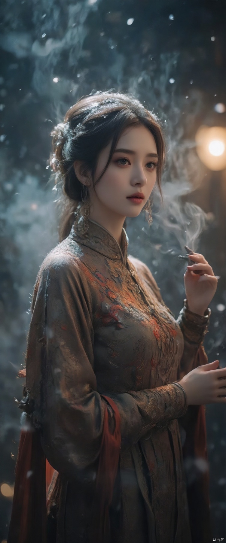 A vintage film-inspired scene: a stunning woman in a intricately patterned cheongsam stands amidst the festive atmosphere of a snowy Christmas night. Softly falling snowflakes and swirling cigarette smoke dance around her, as she gazes out into the misty veil. Movie-like lighting highlights her porcelain beauty, with intricate details on her dress sparkling like diamonds.