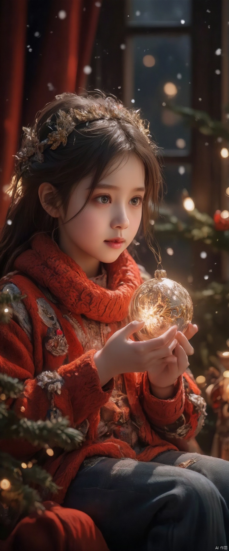 A warm and cozy winter wonderland scene: a child's hands cradle a sparkling Christmas ornament, surrounded by festive decorations, twinkling lights, and a soft blanket. The little one's face glows with creative excitement as they design their own unique holiday masterpiece. Framed against a rich red curtain, the composition showcases the joy of childhood imagination on a snowy winter evening.