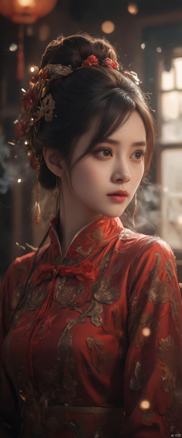 Christmas, real person, movie effect, details, cheongsam, beauty, atmosphere, smoke