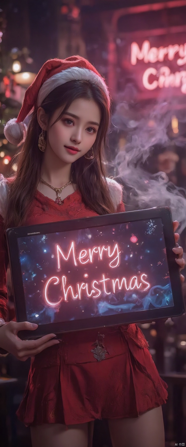 A beautiful girl is in a coffee shop with a Christmas atmosphere. The girl is wearing a red miniskirt and a Santa hat. She is holding an LED screen in her hand. On the screen are the words Merry Christmas. She is looking at the camera with a smile, smoke, pink lights, christmas tree