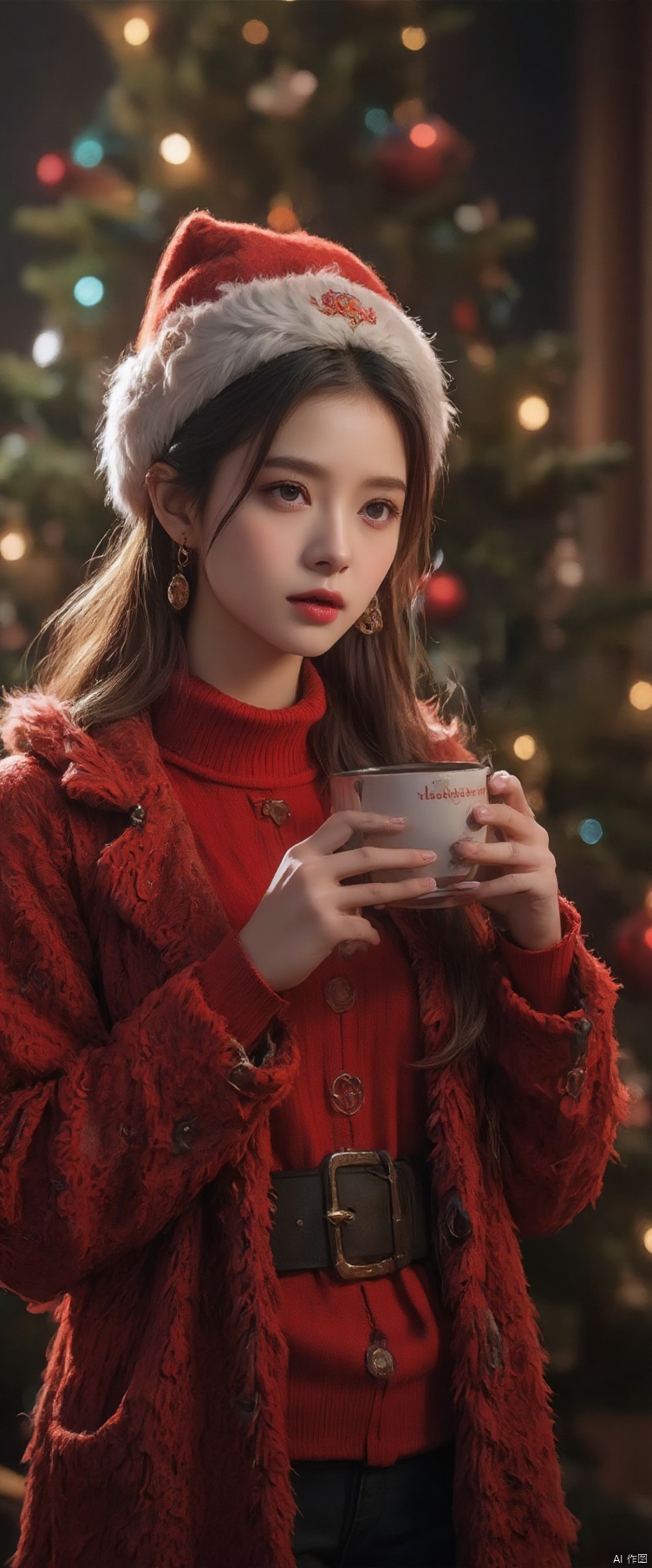 Christmas, office, a beautiful girl in red Christmas clothes and Santa hat holds a cup of coffee in front of the Christmas tree, Christmas atmosphere, colored lights, Christmas tree, warm, smoky feeling, the coffee cup says "Mechanics Coffee" "