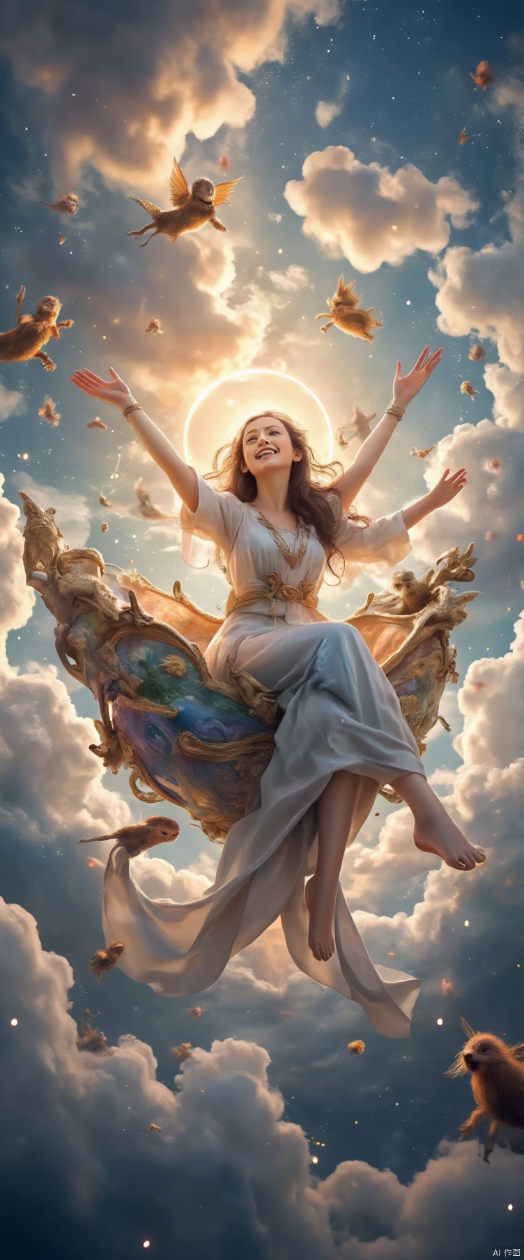A whimsical young woman, radiating joy, sits serenely within a majestic, iridescent shell as it soars through the sky amidst swirling, vibrant clouds. Her arms outstretched, she laughs with unbridled happiness as fantastical creatures dance around her, imbuing the scene with an ethereal sense of wonder. Cinemagraphic details and ornate embellishments further enhance the dreamlike atmosphere.