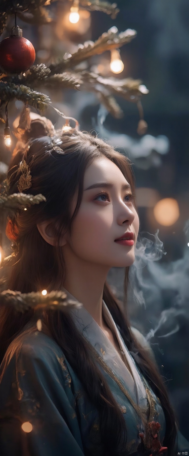 A stunning Hanfu-clad beauty gazes upwards with a serene smile, her delicate features illuminated by the soft glow of twinkling Christmas lights. The festive atmosphere is palpable as smoke drifts lazily from the tree, adding to the mystical ambiance. Her profile is framed perfectly against the vibrant colors of the decorations, creating a captivating poster-style image that exudes elegance and wonder.