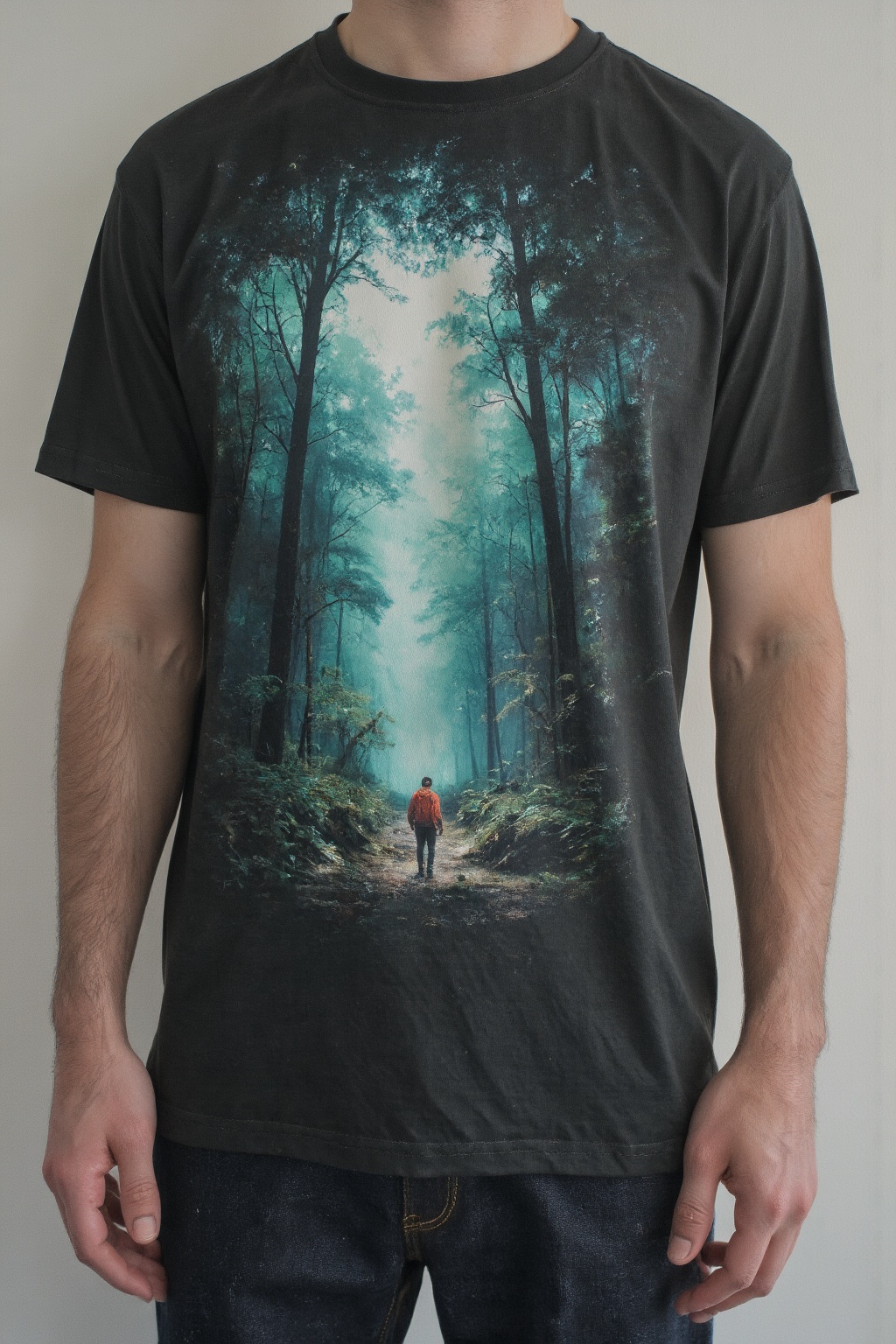 T_shirt with a Design(illustration,  Horror,  Aokigahara deep forest on Tensor.Art