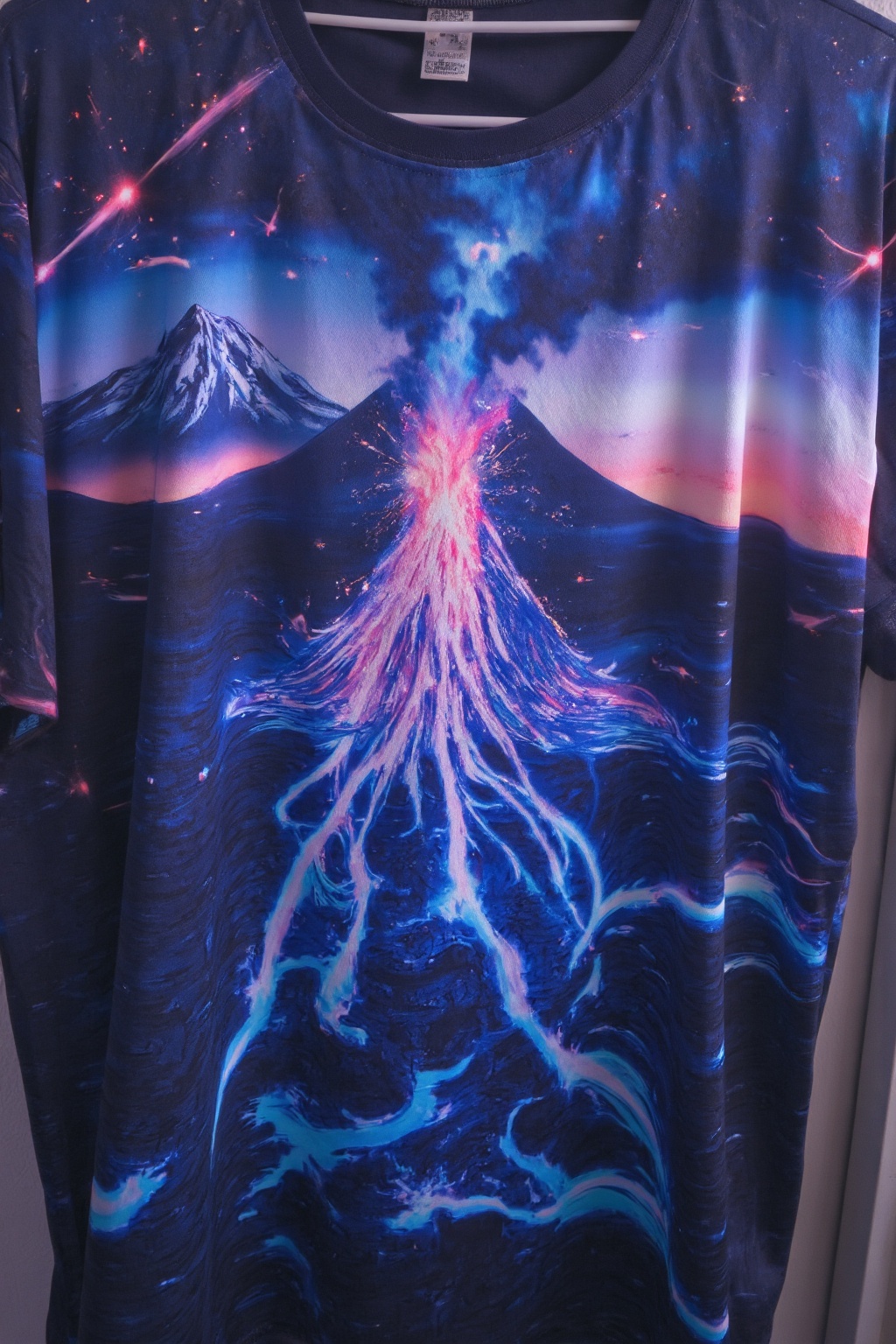 T_shirt with a Design(A highly dynamic digital artwork depicting a violent volcanic eruption at dusk. The central focal po...