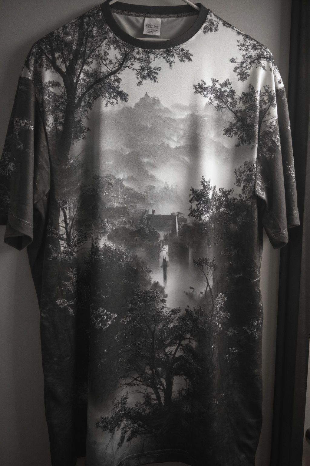 T_shirt with a Design(A serene Chinese village nestled deep within a dense forest,  depicted in monochrome with foggy atmo...