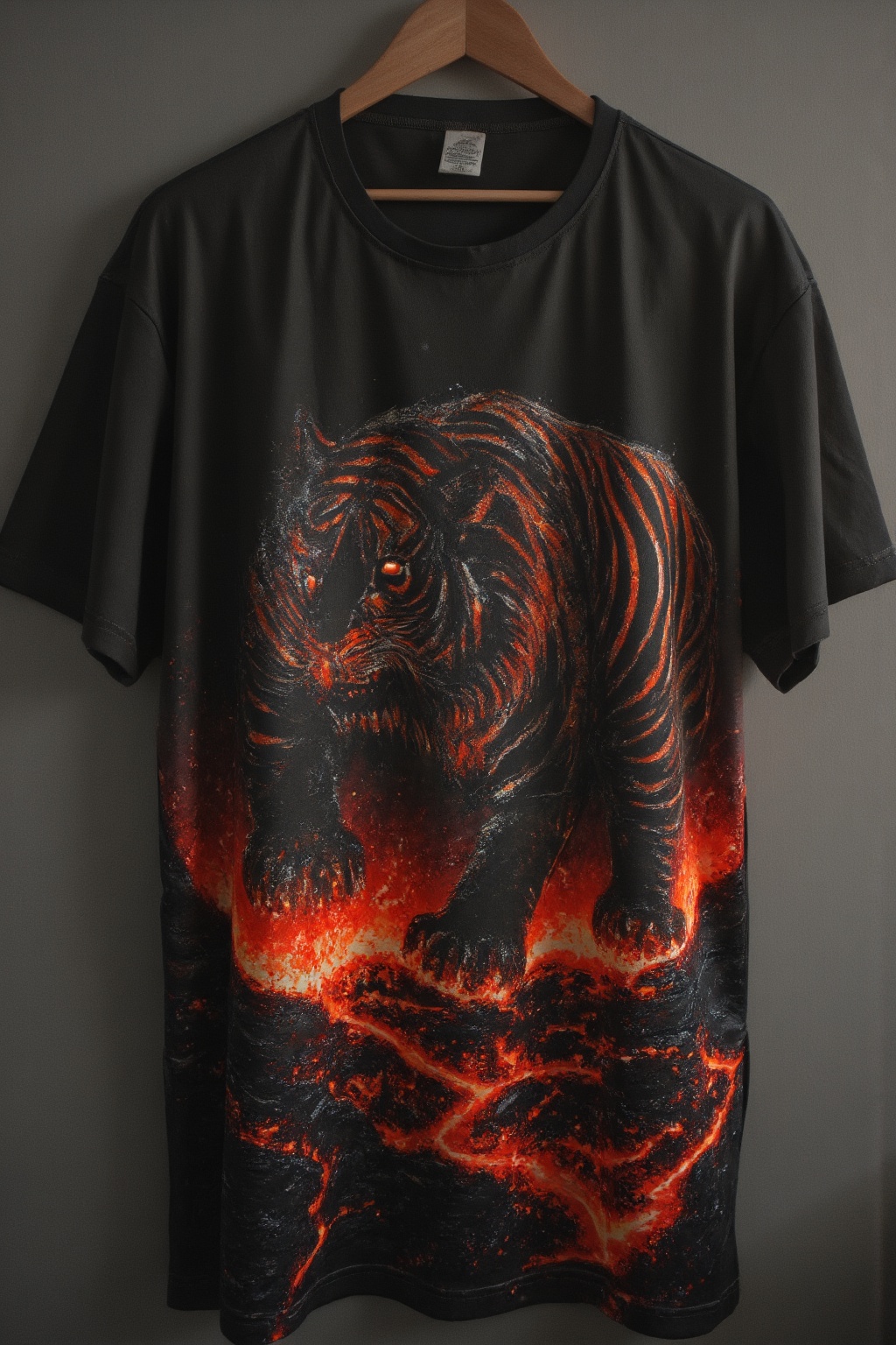 T_shirt with a Design(A black tiger with red eyes and stripes that glow like molten metal,  with flames erupting from its...
