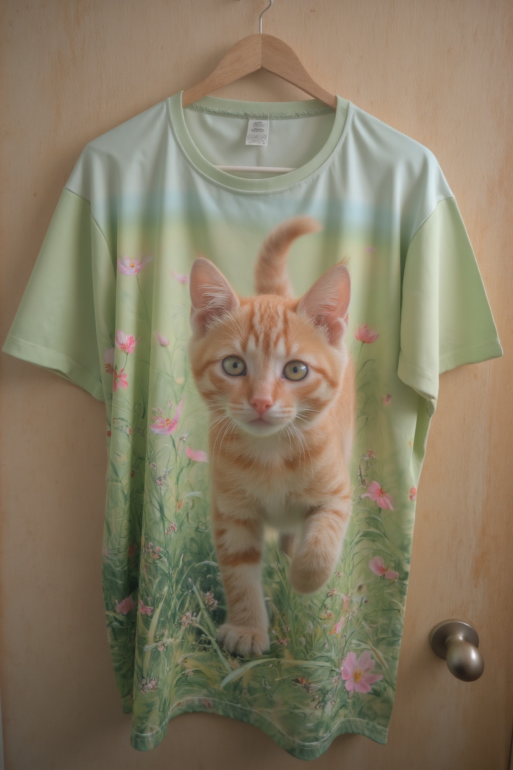T_shirt with a Design(there is a small orange kitten walking through a field of grass,  cute and adorable,  beautiful and...