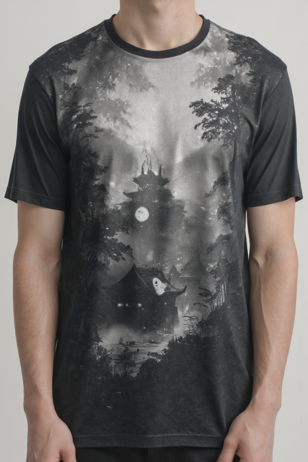 T_shirt with a Design(A serene Chinese village nestled deep within a dense forest,  depicted in monochrome with foggy atmo...