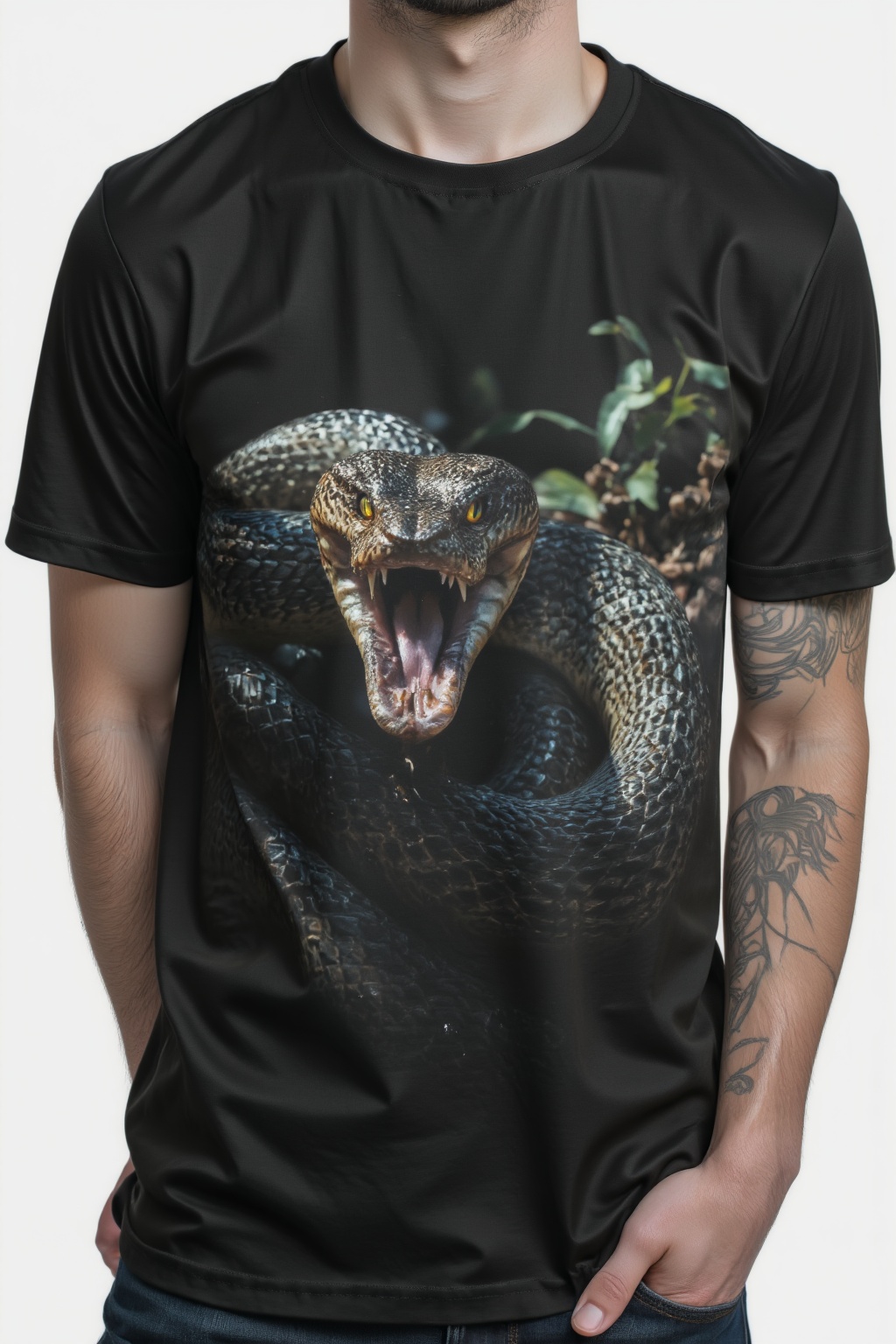 T_shirt with a Design(a photorealistic 8K shot of a cobra showing fangs,  no humans,  scenery on Tensor.Art