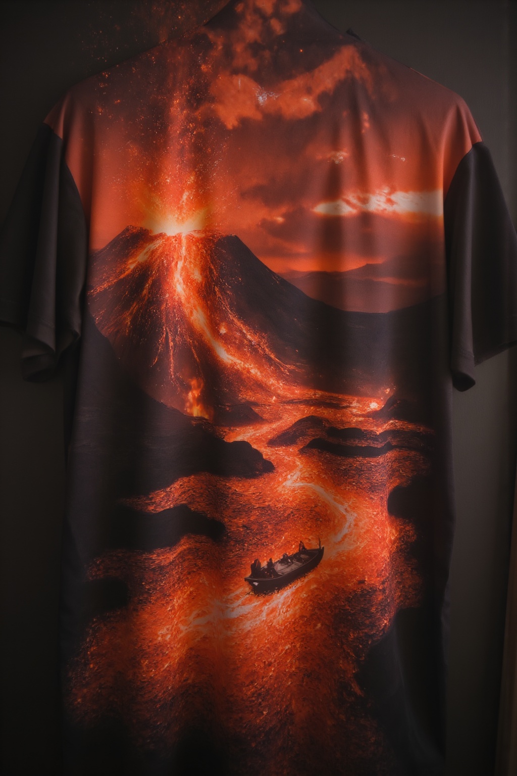 T_shirt with a Design(A dramatic scene unfolds as a small,  sturdy boat sails through a river of boiling magma,  its molte...