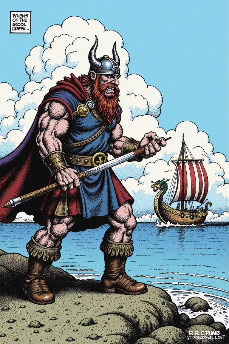 A fierce Viking warrior standing on a rocky shore,  with a dragon-headed longship in the background.,  R.Crumb Style on Te...