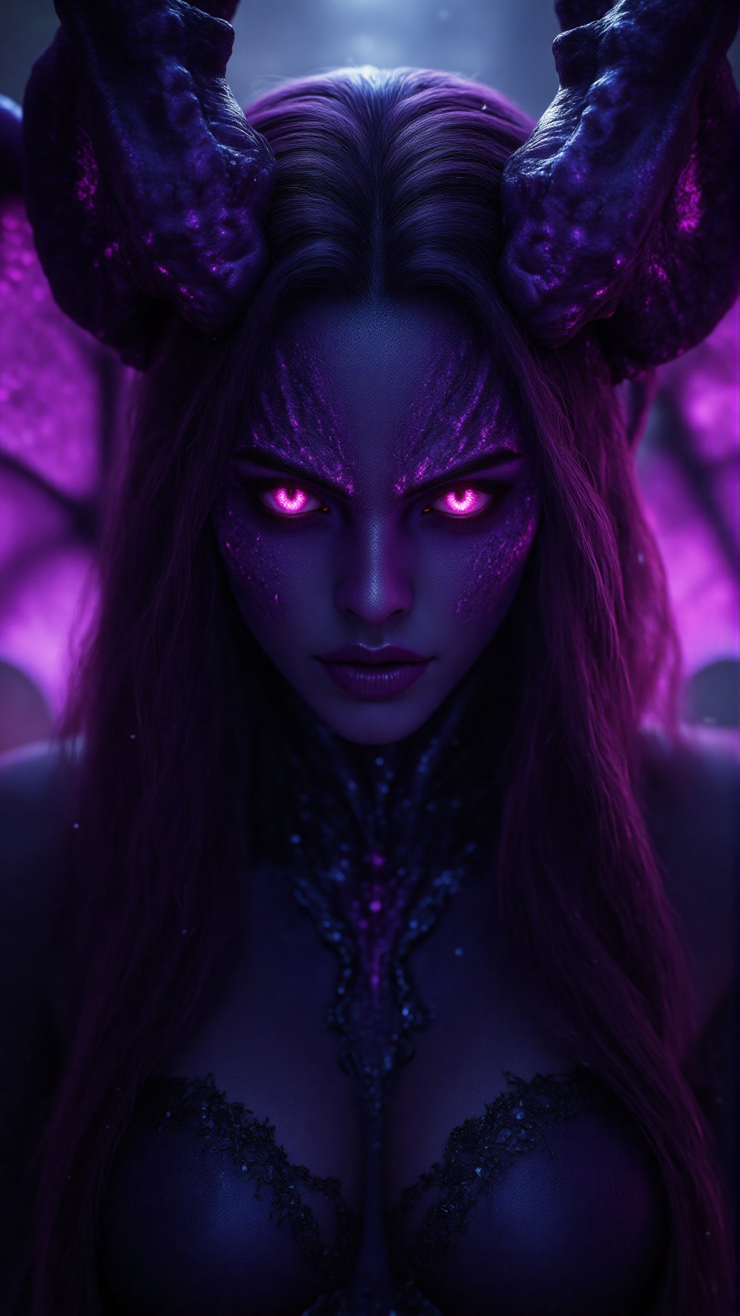 Cinematic full body shot of a beautiful female demon,  purple skin,  black long hair on Tensor.Art