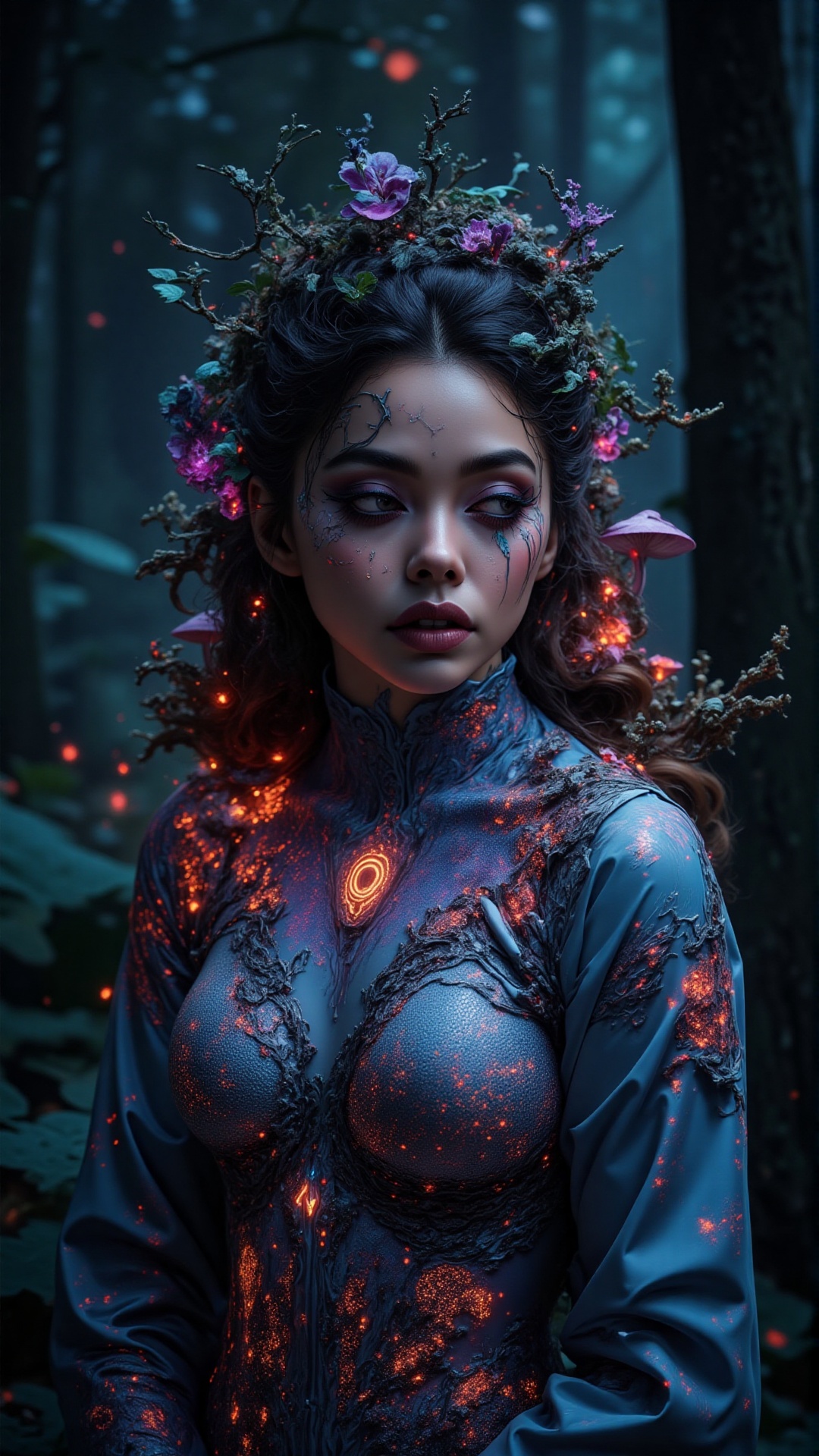 Fantasy forest queen,  ethereal woman,  bioluminescent fractal fungi growing on body as clothing on Tensor.Art