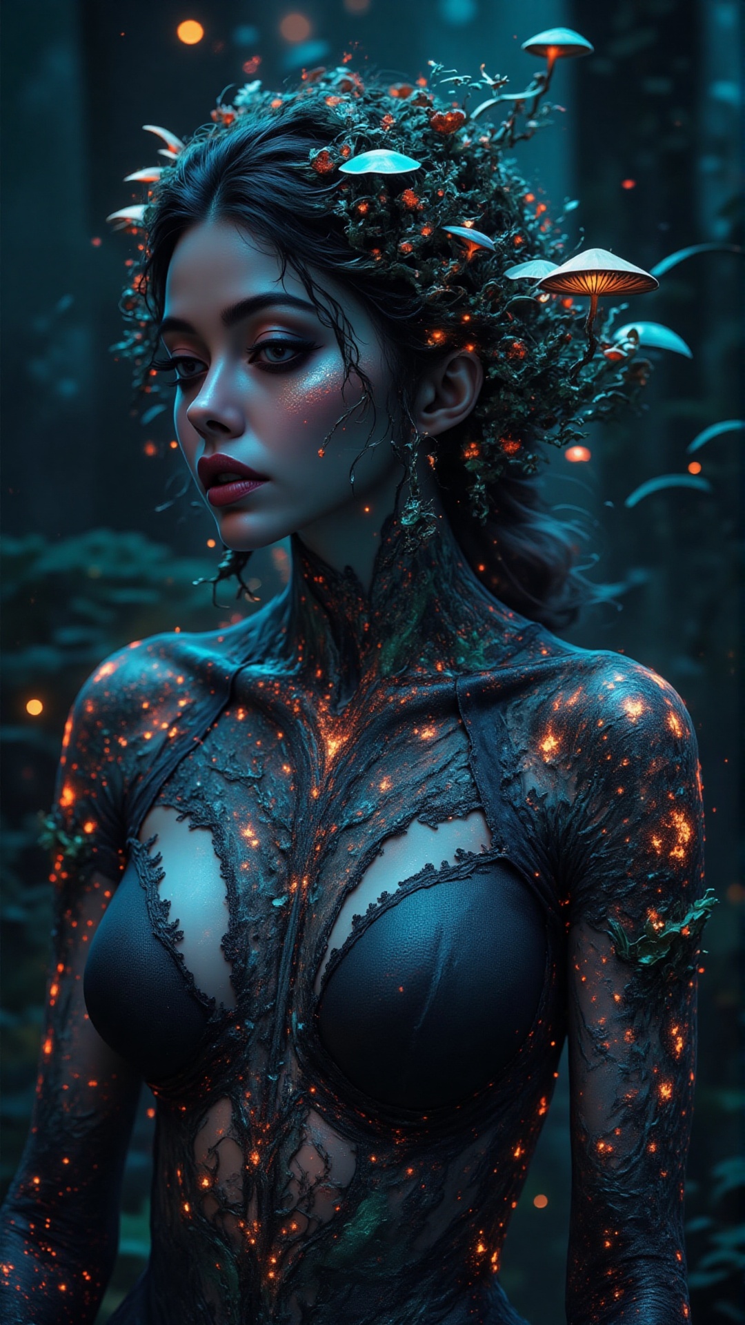 Fantasy forest queen,  ethereal woman,  bioluminescent fractal fungi growing on body as clothing on Tensor.Art