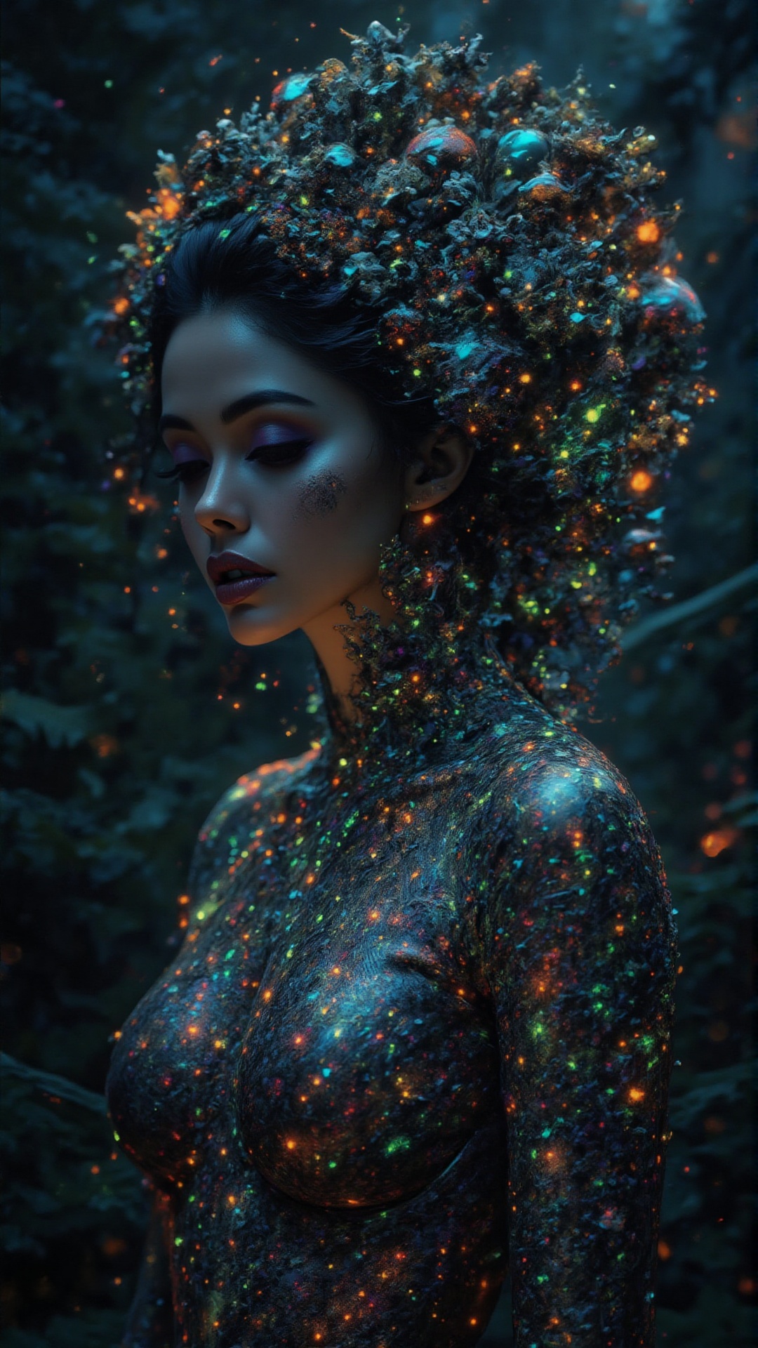 Fantasy forest queen,  ethereal woman,  bioluminescent fractal fungi growing on body as clothing on Tensor.Art
