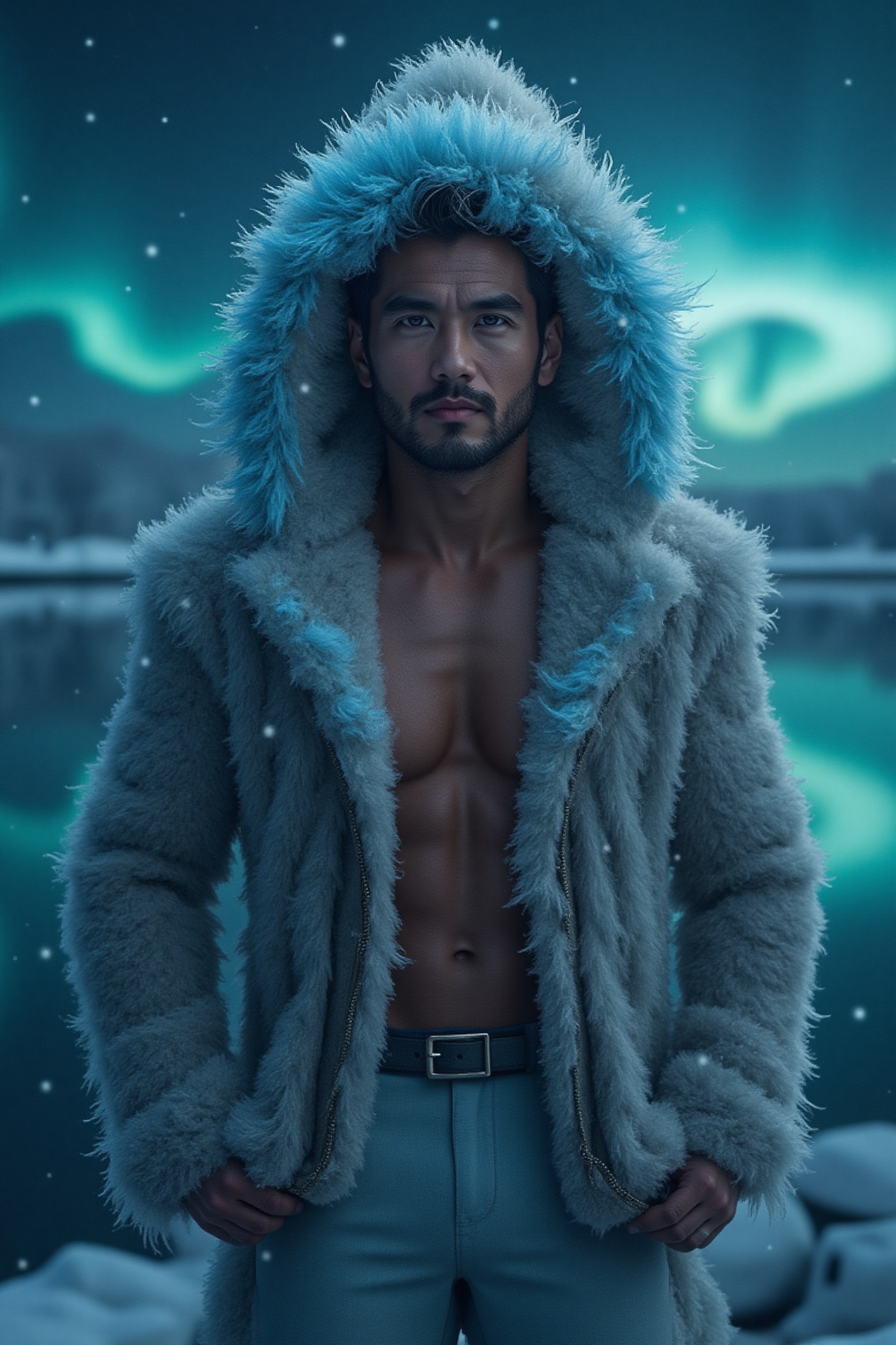 A majestic shot of a dashing man,  dressed in a fluffy hooded coat made of bioluminescent plants,  standing by the lake at...