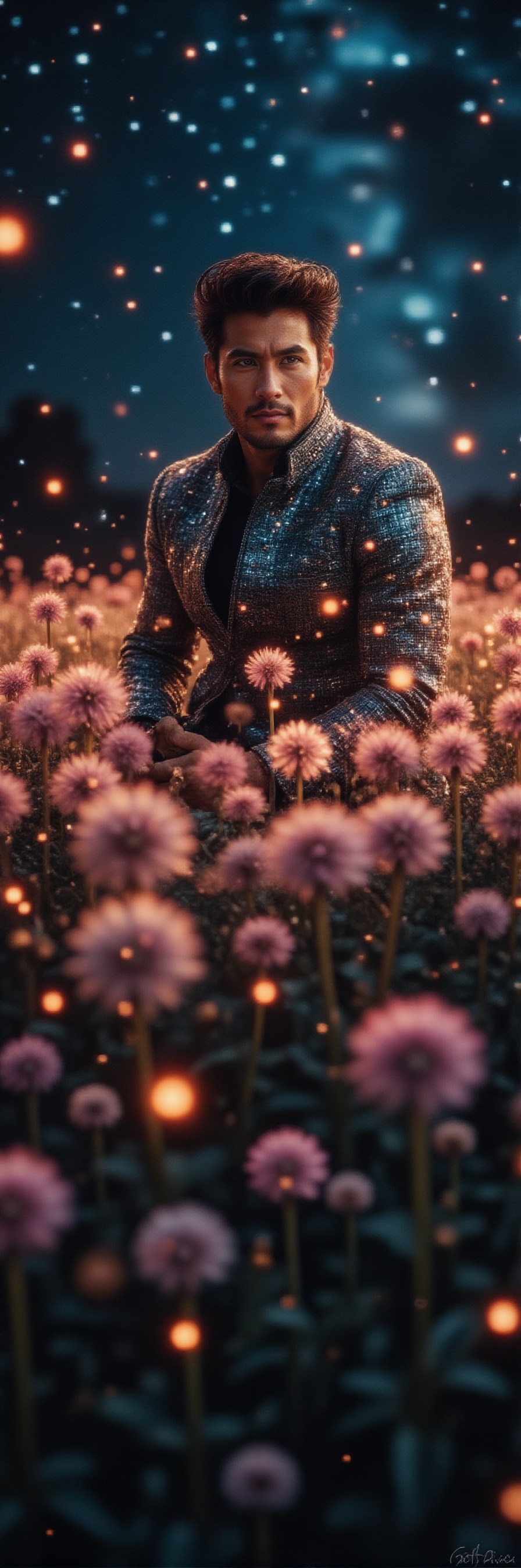 a handsome prince,  dandelion field,  stars and moonlight rays on Tensor.Art