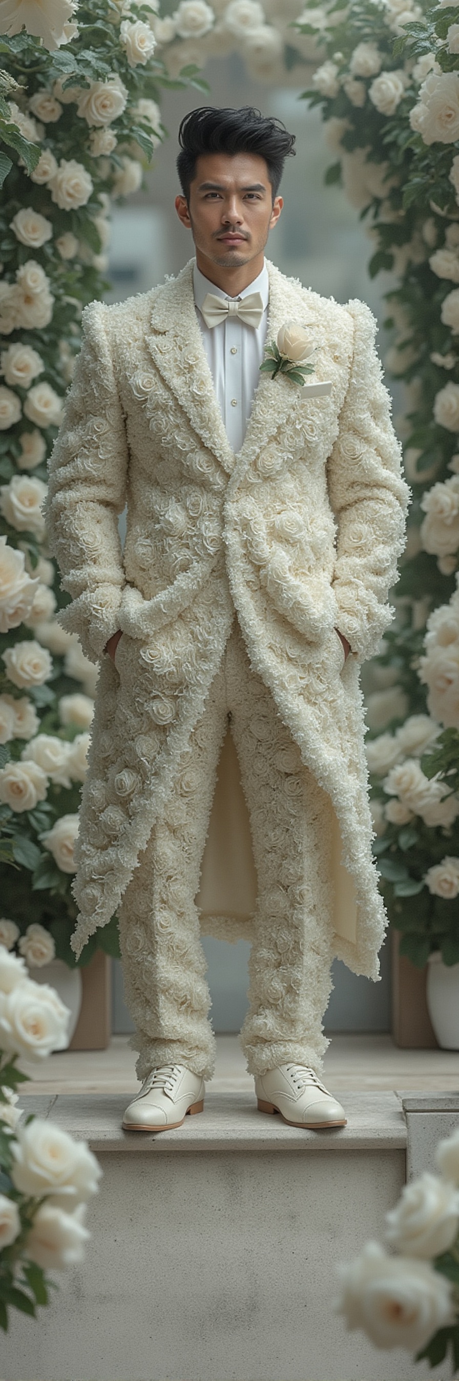 A stunning shot of a chiseled,  muscular male in a majestic tuxedo made entirely of pure white roses,  standing against th...