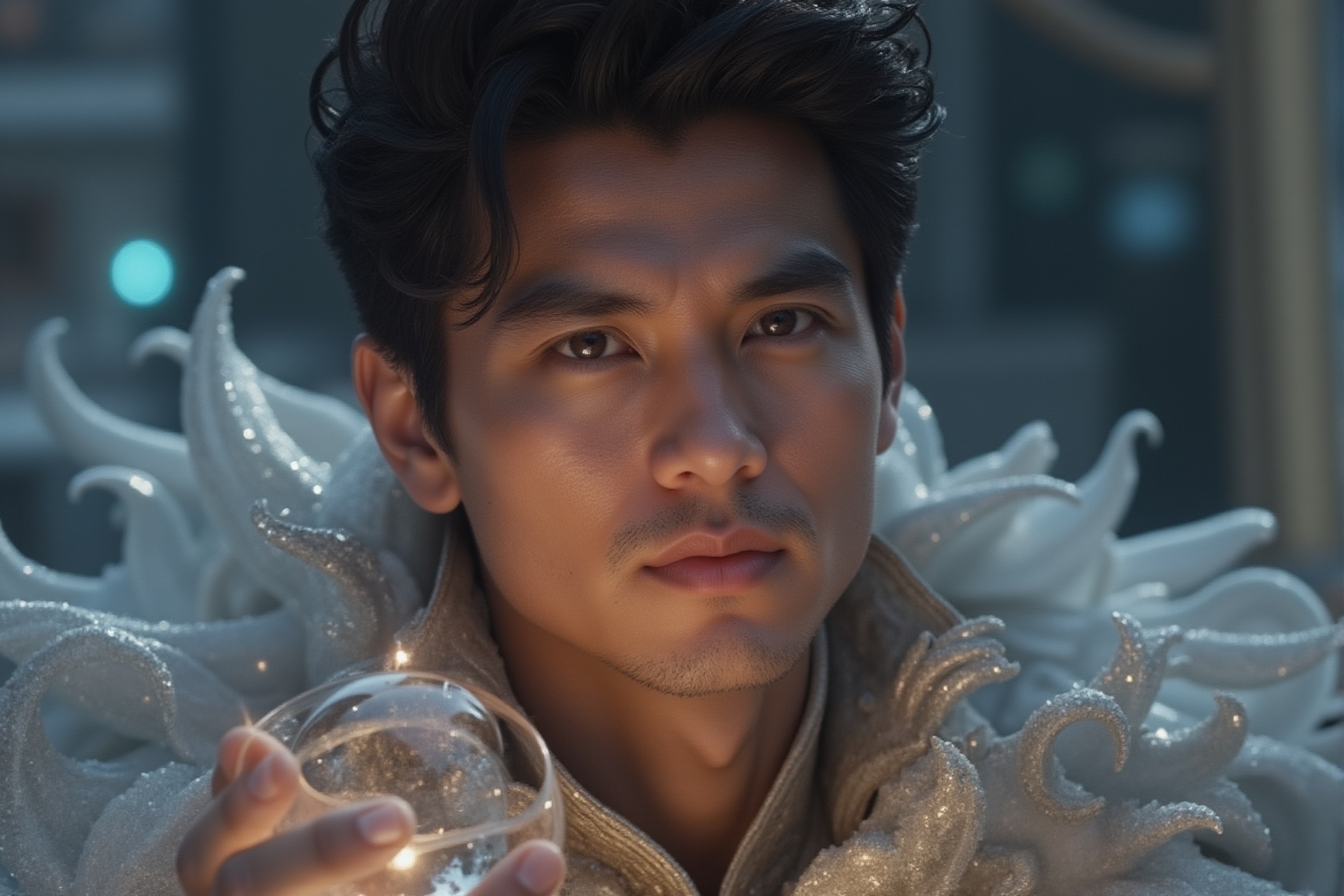 Capture a close-up shot of the regal prince's handsome face,  illuminated by soft,  ethereal light on Tensor.Art
