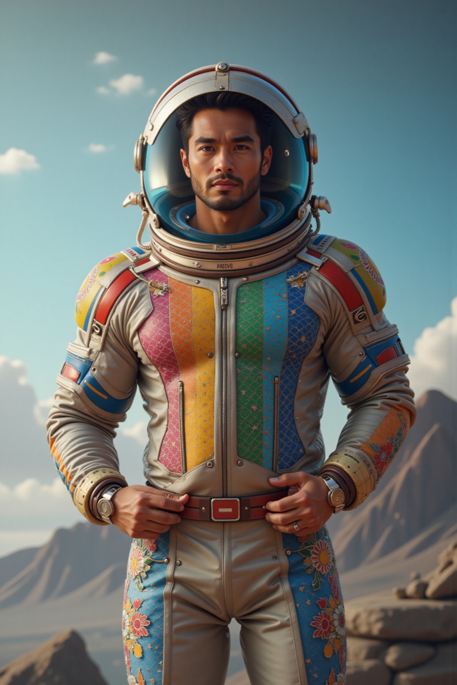 Photorealistic 8k RAW photo of a close-up of a full-body muscular man with a handsome face and tan skin,  wearing a rainbo...