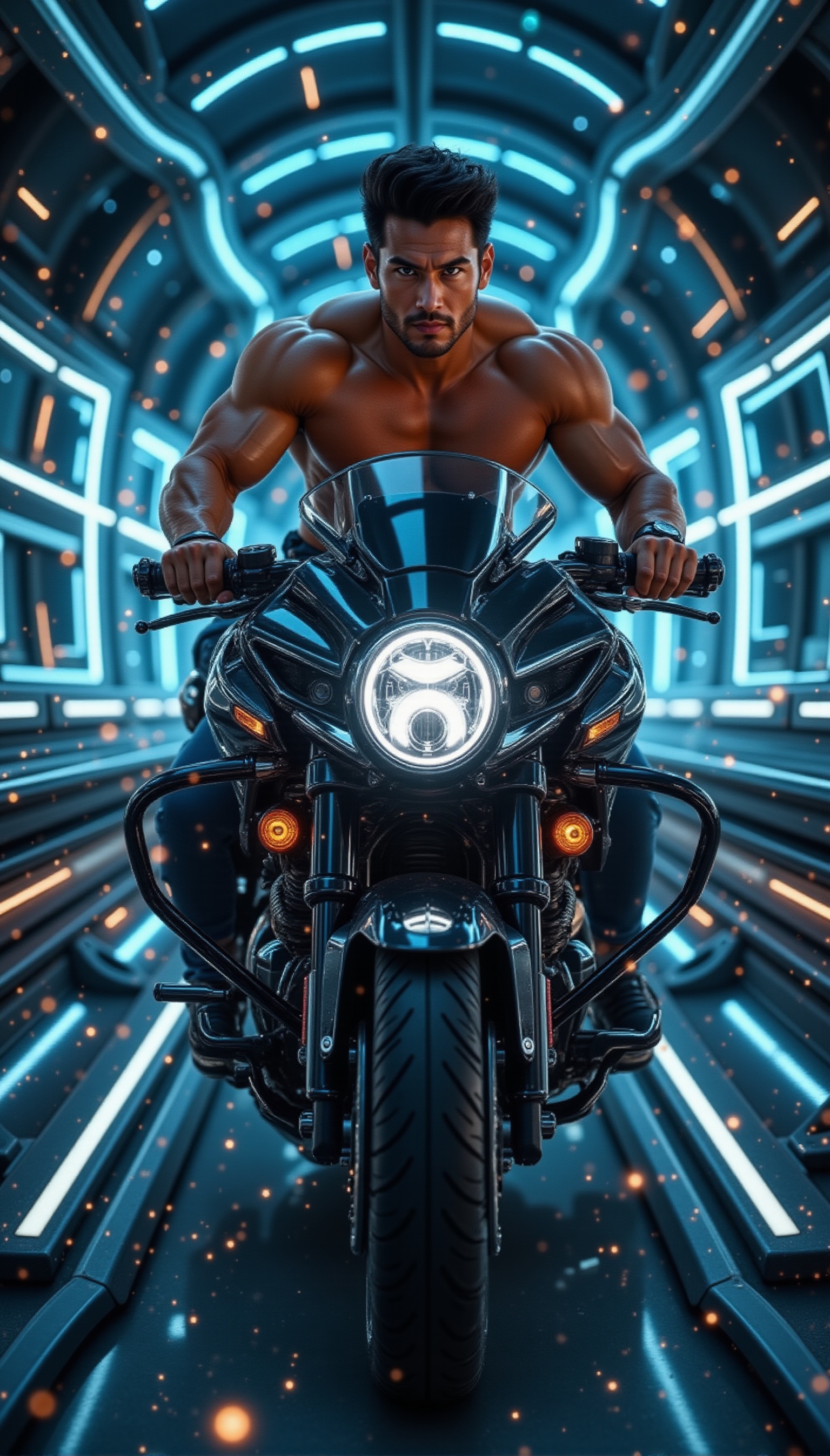 Full-body shot of a muscular man with a handsome face,  tan skin,  short black hair on Tensor.Art