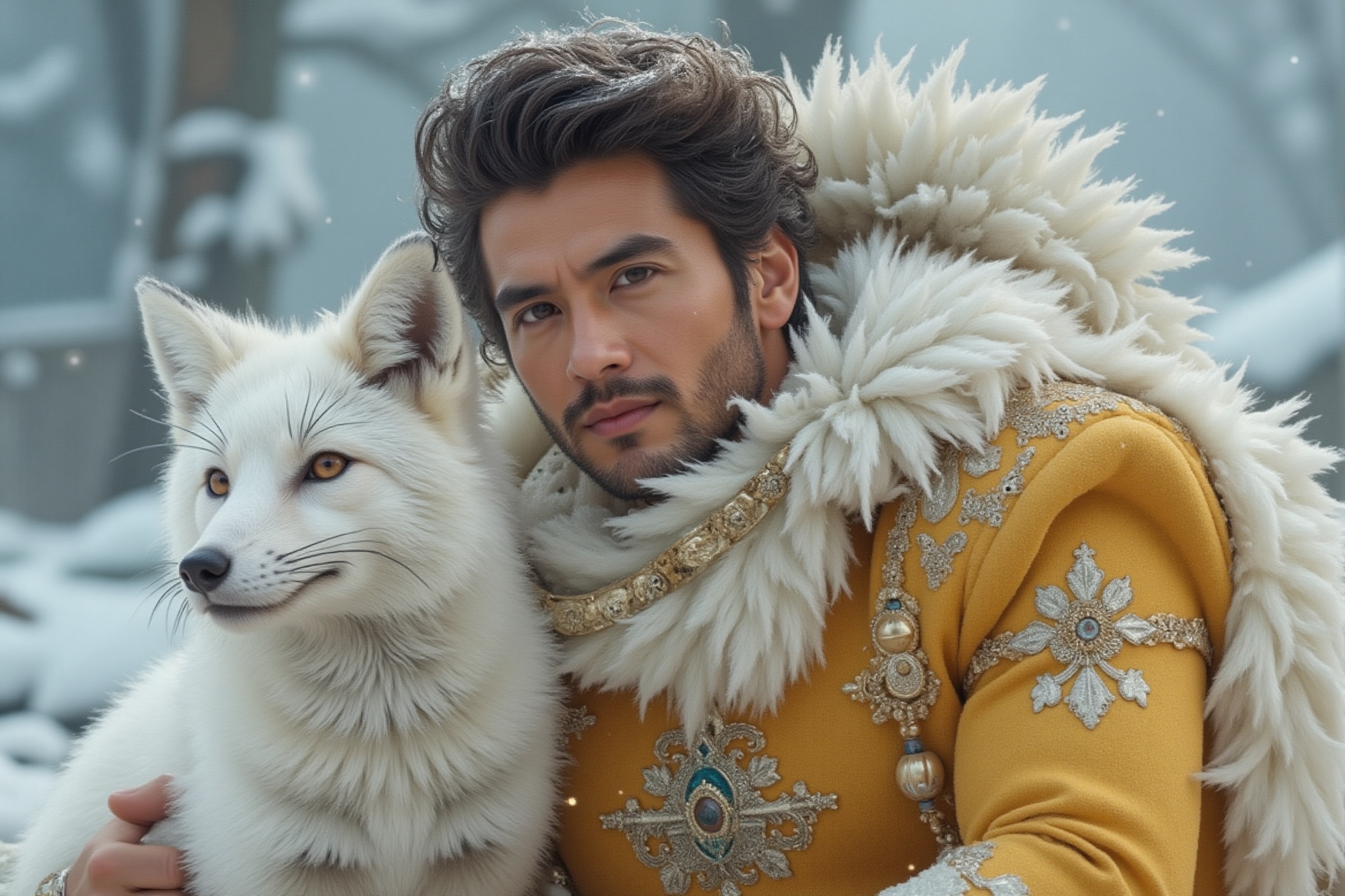 A handsome man is wearing a very ornate yellow attire and embracing a pure white fox from behind,  with the fox in front o...