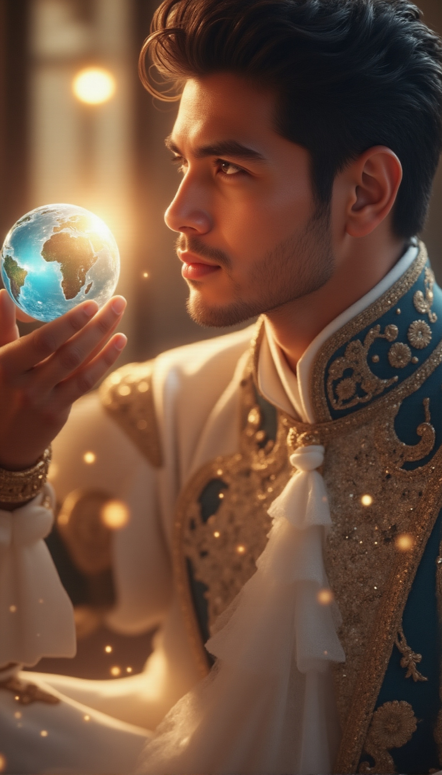 Capture a close-up shot of the regal prince's handsome face,  illuminated by soft,  ethereal light on Tensor.Art