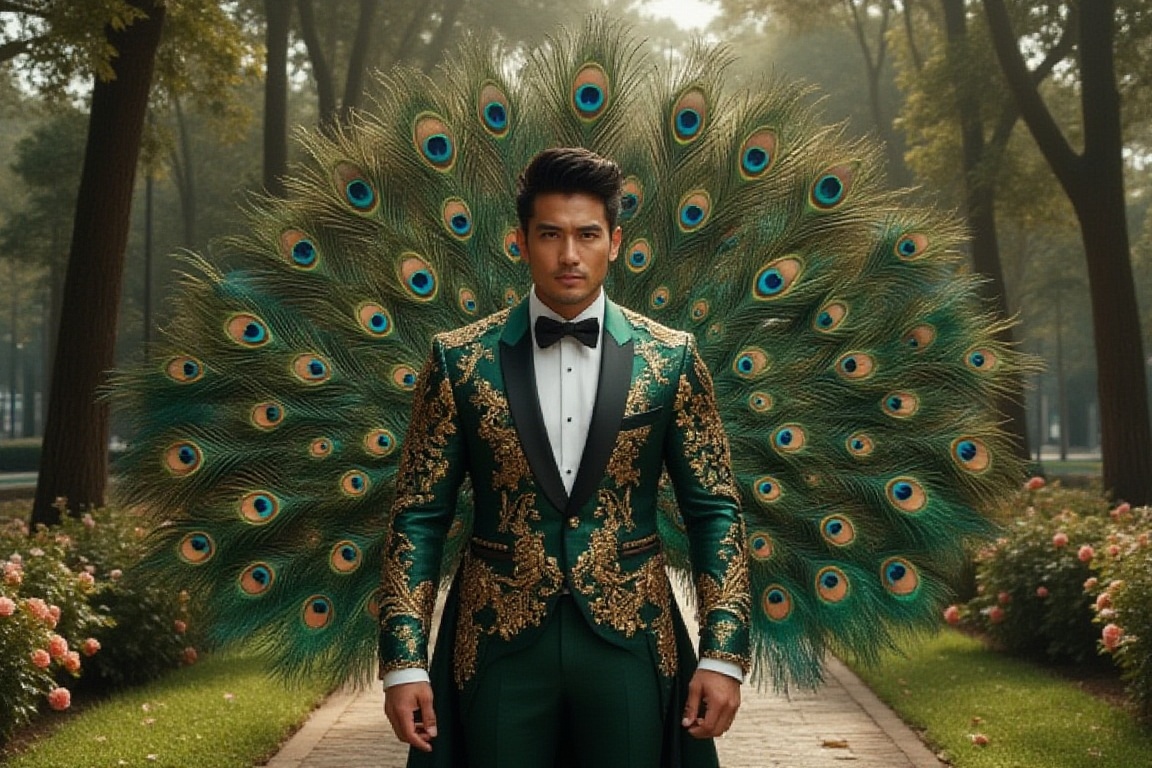 A majestic scene unfolds: a muscular male stands before a gigantic fan crafted from iridescent peacock feathers,  its vibr...