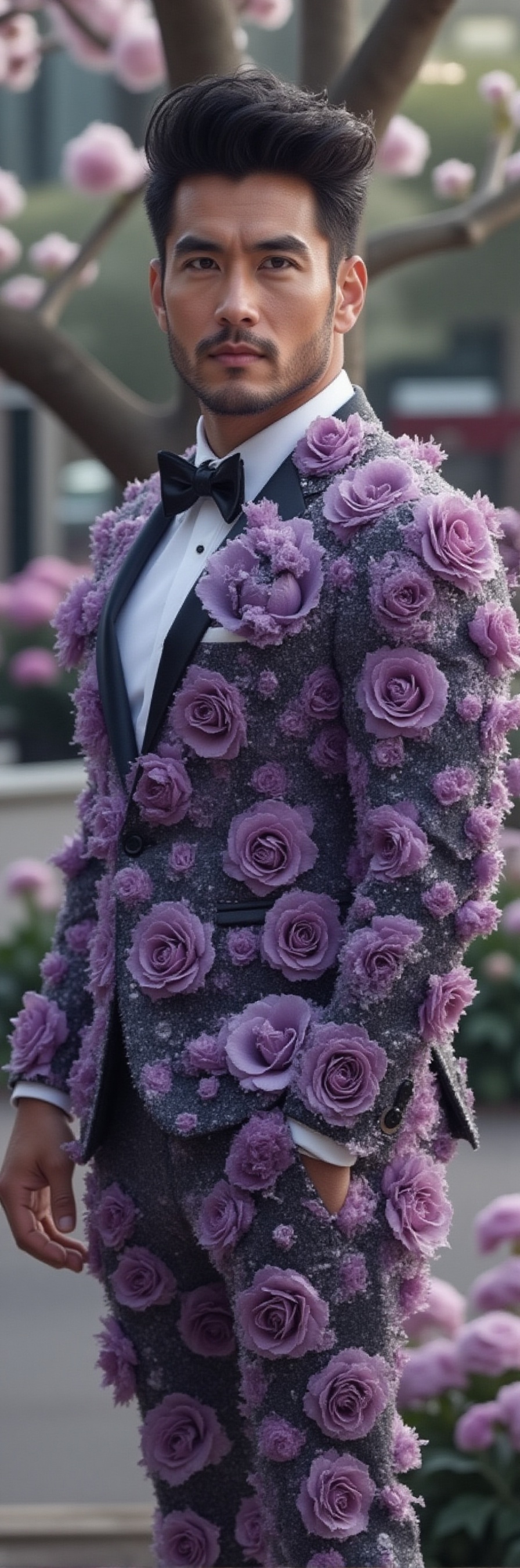 A stunning shot of a chiseled,  muscular male in a majestic tuxedo made entirely of large soft purple roses,  standing aga...
