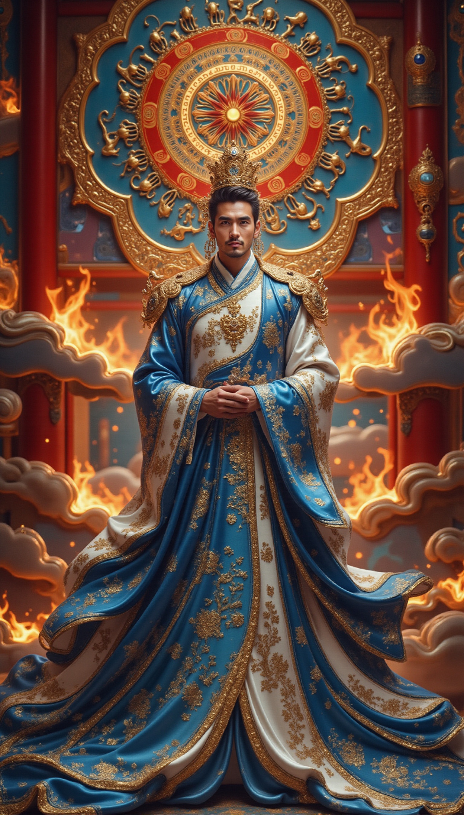 Shot from below full body shot of a character standing in cinematic pose,  celestial handsome face,  representation of a f...