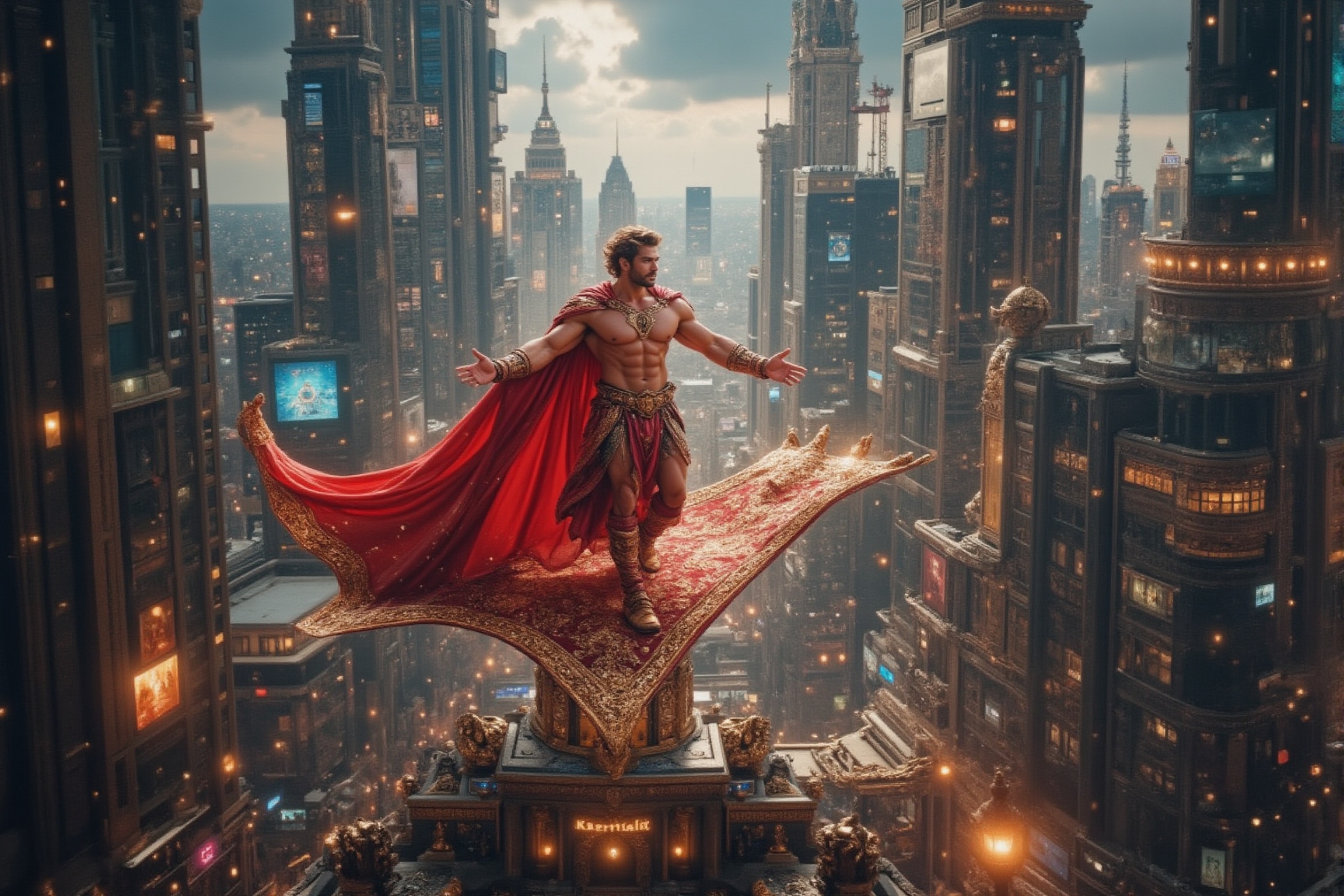 In this breathtaking masterpiece,  a muscular handsome man wears an aladdin prince costume and gorgeous cloak,  effortless...